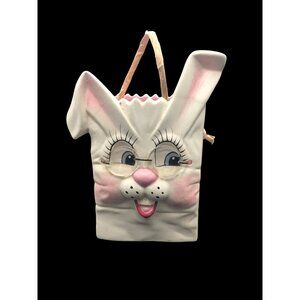 Hand-painted Bunny With Glasses Ceramic Planter Basket Easter Decor USA Made